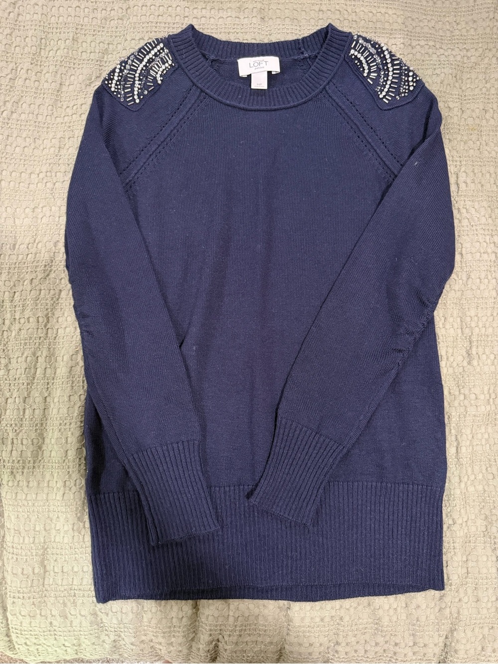 LOFT Navy Crewneck Sweater with Beaded Shoulders - MP